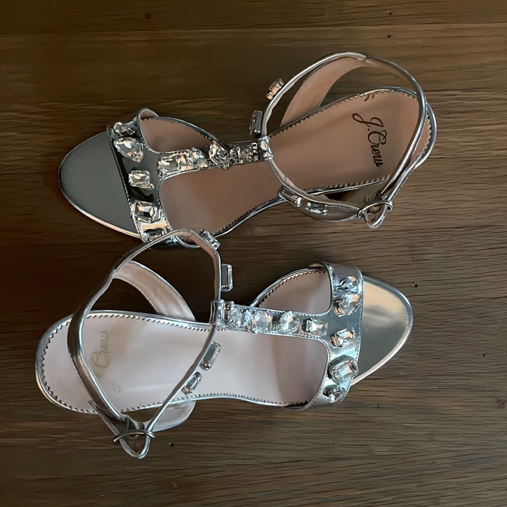 NEW! J Crew Silver Rhinestone T strap block heel 8